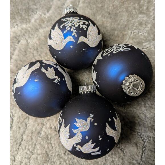 Krebs Elegant Glass Christmas Ornaments MIDNIGHT HAZE 2 5/8" BALLS white doves - Picture 1 of 6